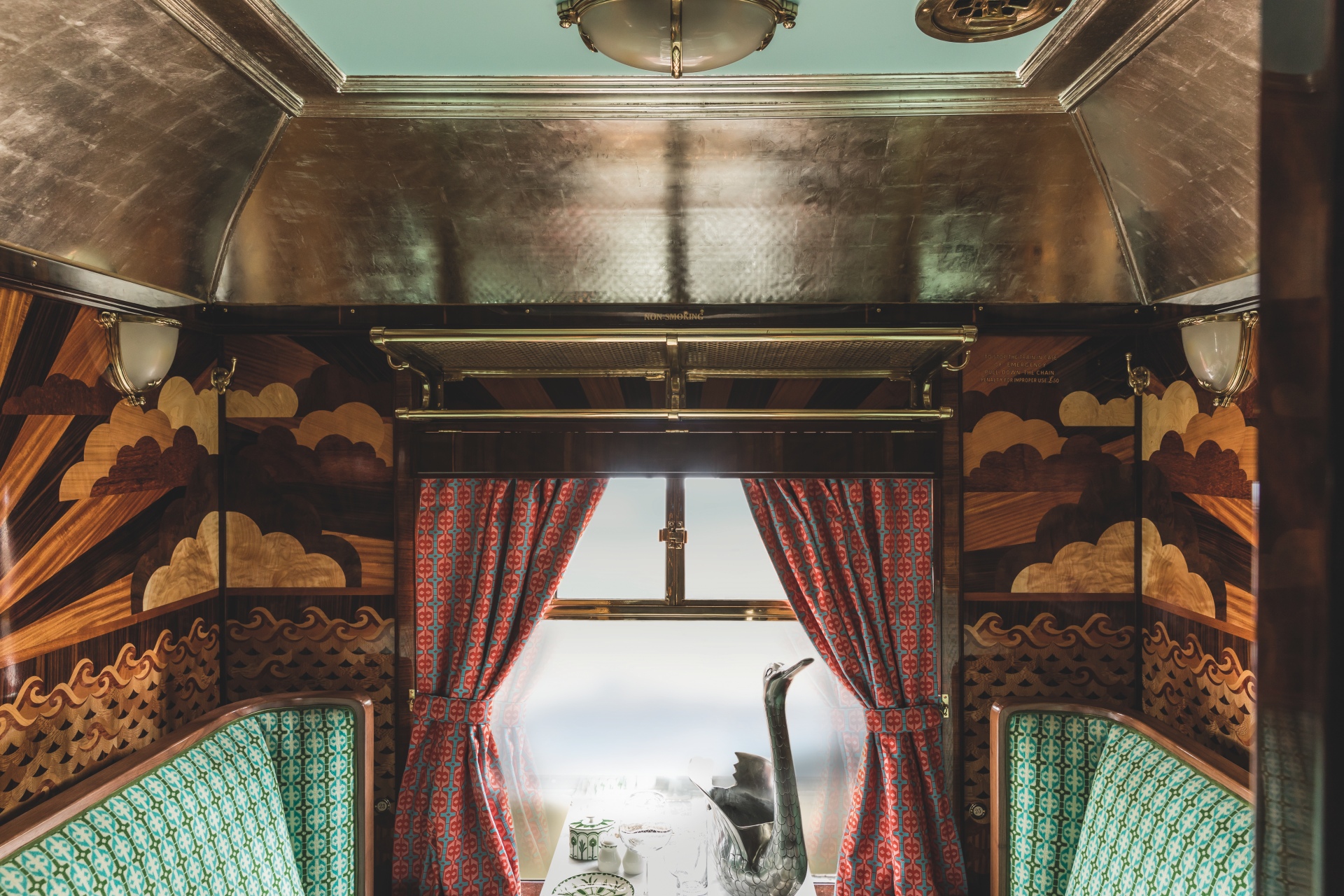 Intricate wood marquetry wall panel handcrafted by A. Dunn & Son for Belmond British Pullman
