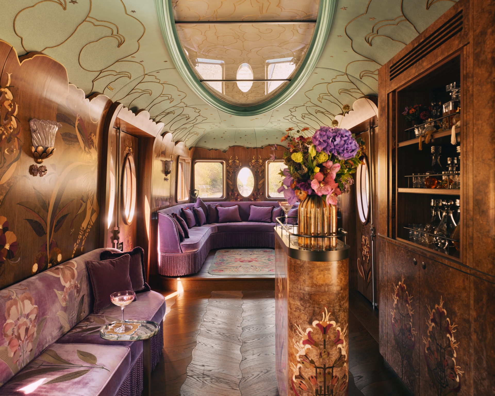 Dramatic interior of the Baz Luhrmann co-designed luxury carriage on the British Pullman