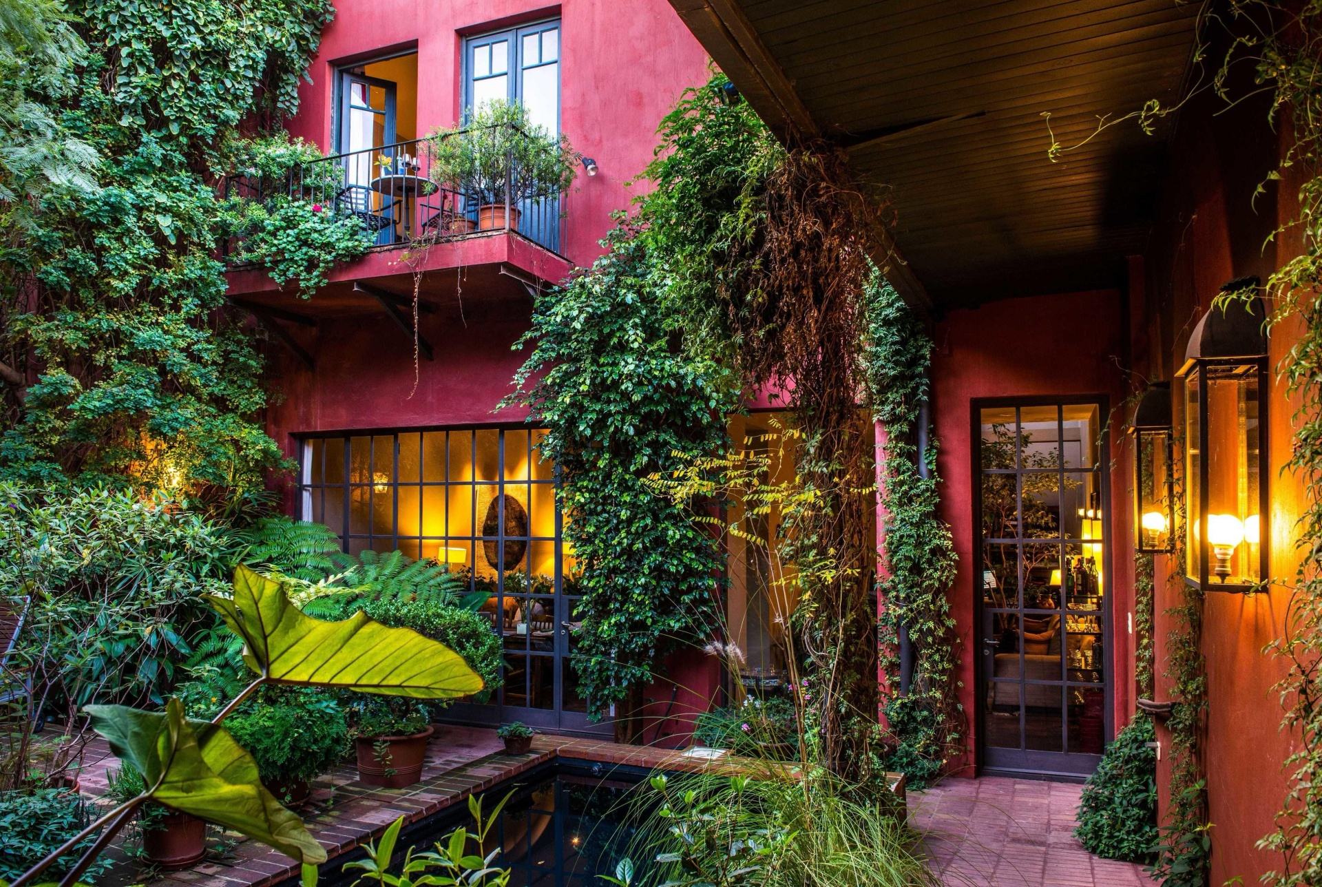 Sunlight filtering through passionflowers and wisteria vines in the central courtyard garden at Be Jardín Escondido.
