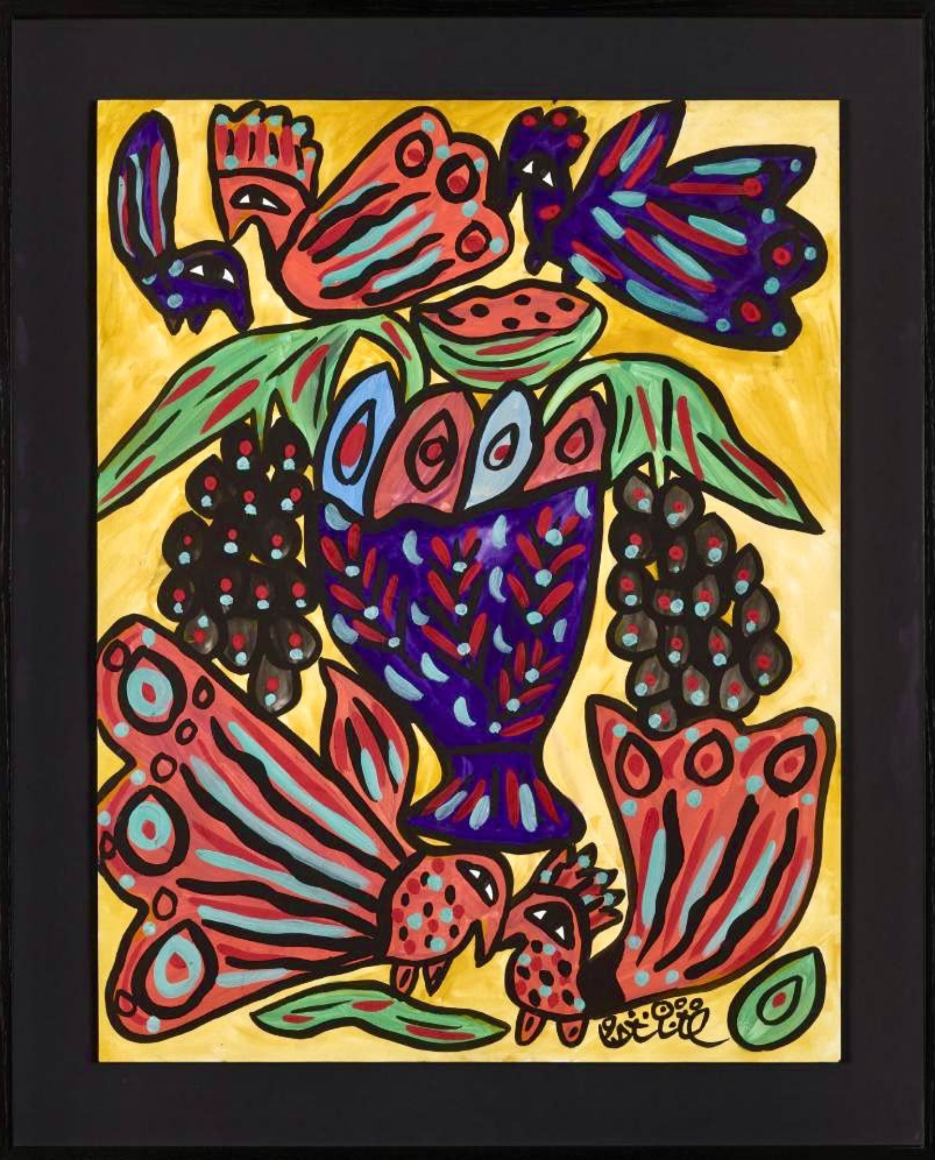 Vibrant modernist painting showcasing lyrical figurative elements and dreamlike motifs in homage to Algerian master Baya