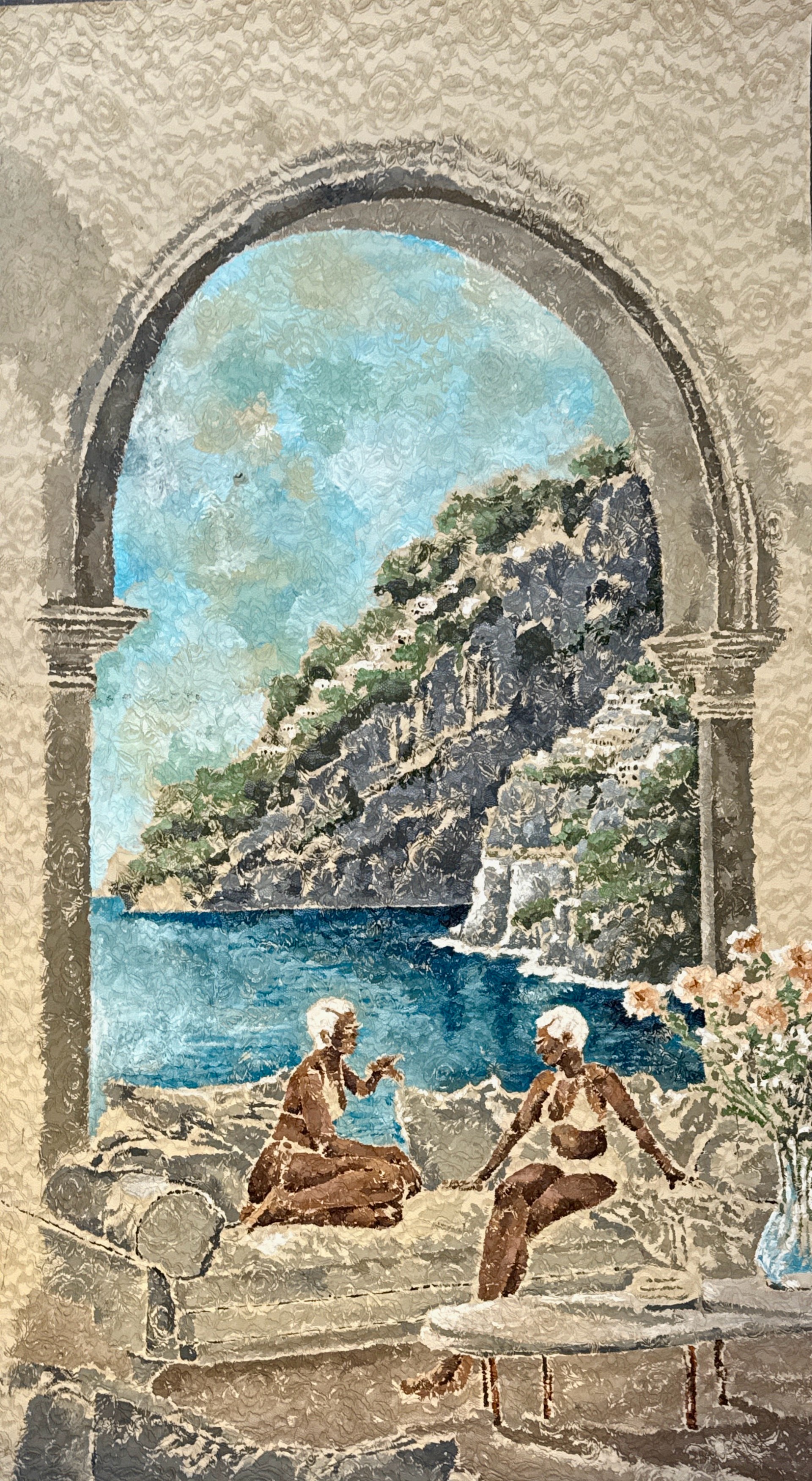 Acrylic paint on hand-prepared lace artwork titled Mamgcina bought a house in Capri by Buqaqawuli Nobakada